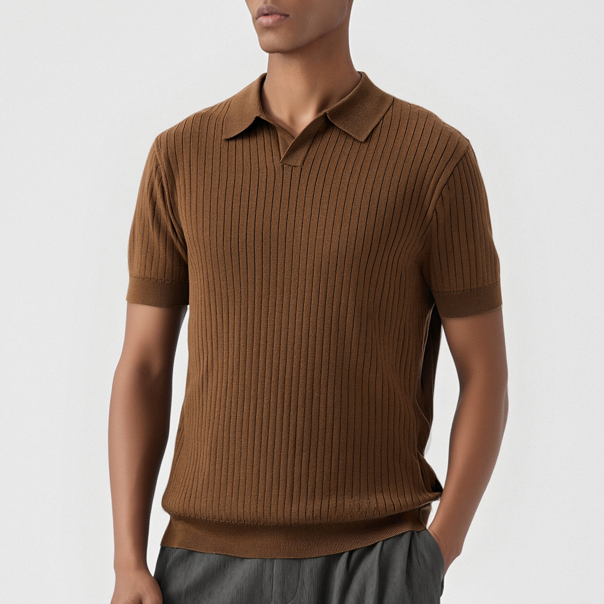 Camiseta Polo de Punto Jacquard con Cuello en V Estilo Americano para Hombre, Cuello Retro de Gaviota, Manga Corta, Modelo E75010