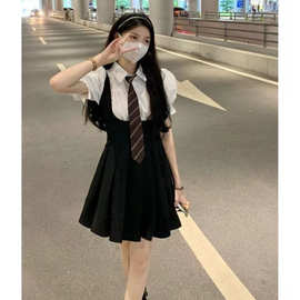 泡泡袖衬衫连衣裙女夏两件小黑裙背带吊带辣妹套装百褶裙jk制服