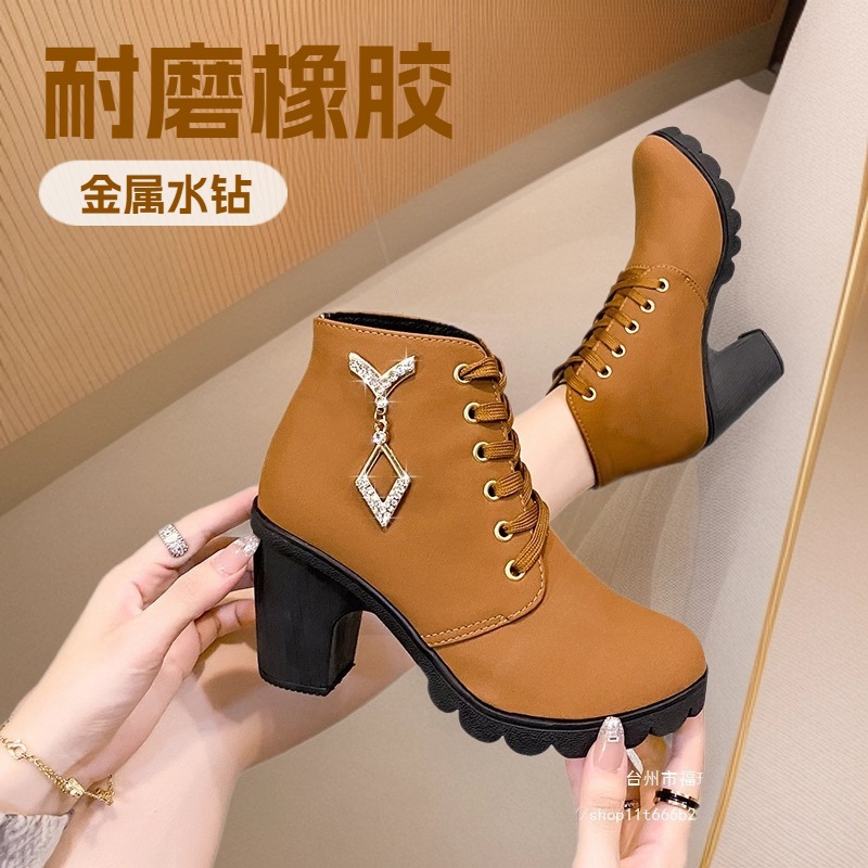 2025 New Style Versatile High-Heeled Short Boots Spring and Autumn Ankle Boots Martin Boots Women's British Style Boots Black Light Brown