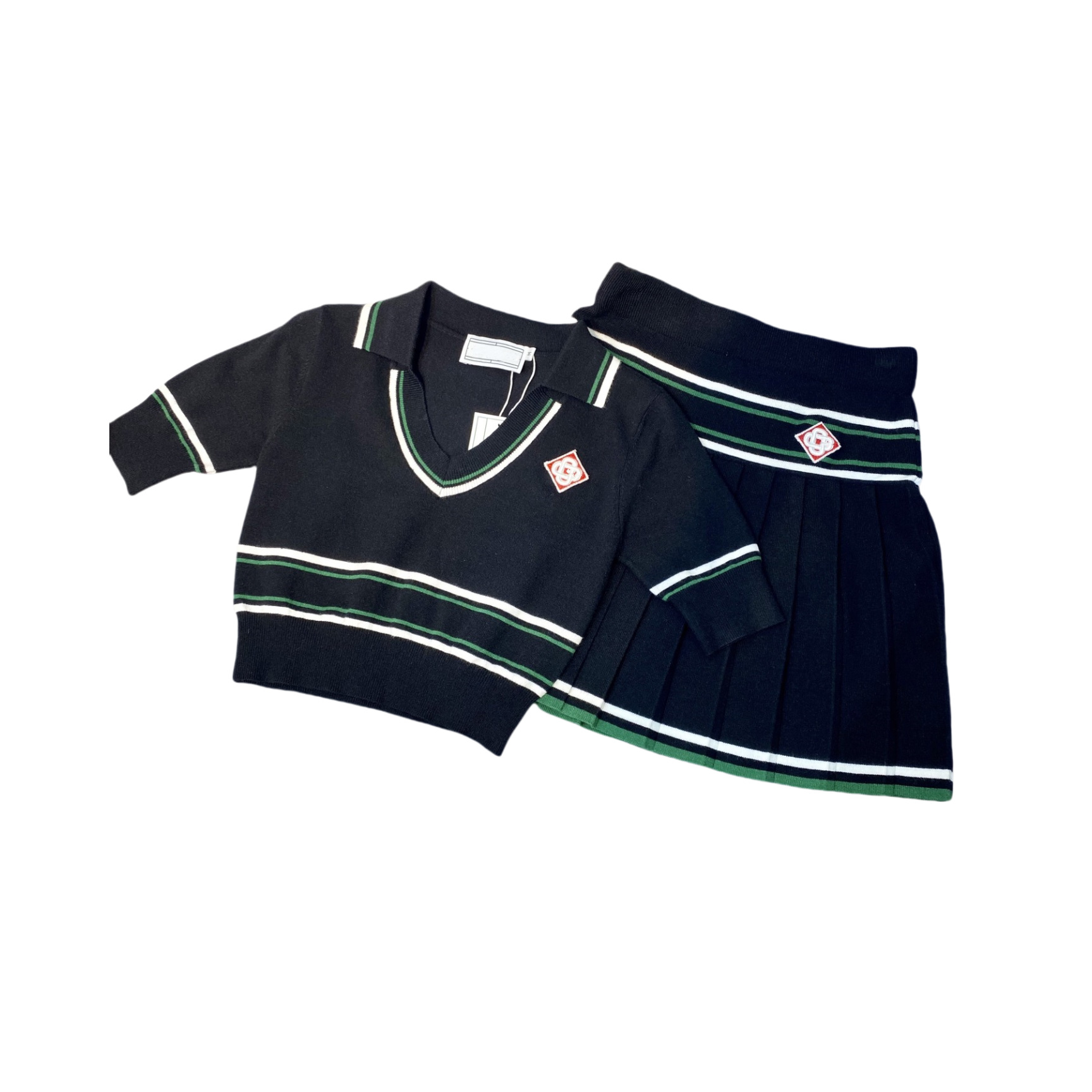 跨境ca卡萨女式时尚休闲套装条纹撞色V领翻领短袖针织衫百褶短裙