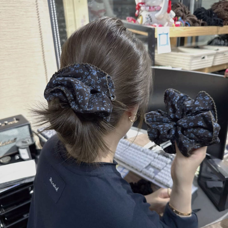 韩系藏蓝色格纹双层大肠发圈女气质扎头发丸子头发绳侧低马尾头绳|undefined