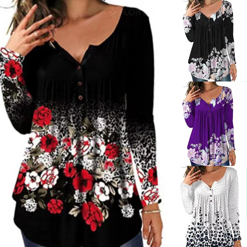 Women's autumn new slim round neck button pattern T-shirt_voghion.com