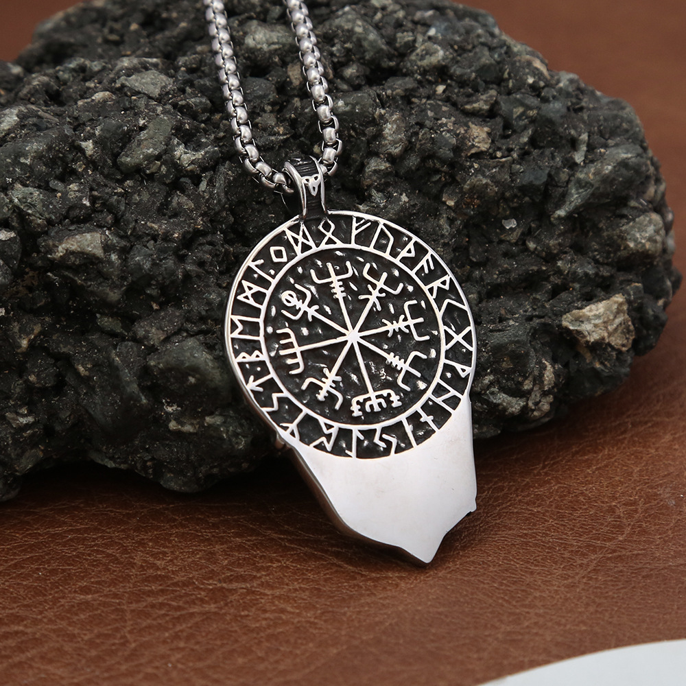 Stainless Necklace Men's Personalized Pendant Viking Double Wolf Titanium Steel Rune Jewelry_voghion.com