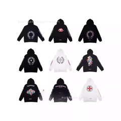 24ss高品質クロChrome Heartsカラークロスの皮サンスクリット落書きフード