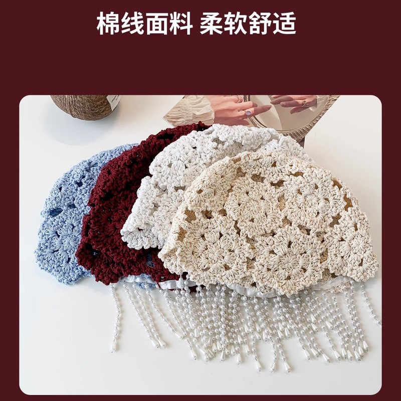 珍珠长流苏时装帽子手钩针织包头帽女春秋头巾帽瓜皮帽珍珠流苏|undefined