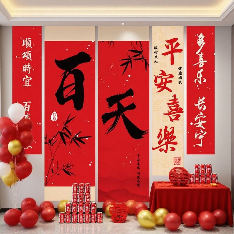 宝宝百天条幅挂布百日宴贴纸场地布置仪式拍照背景布道具气球套装|undefined