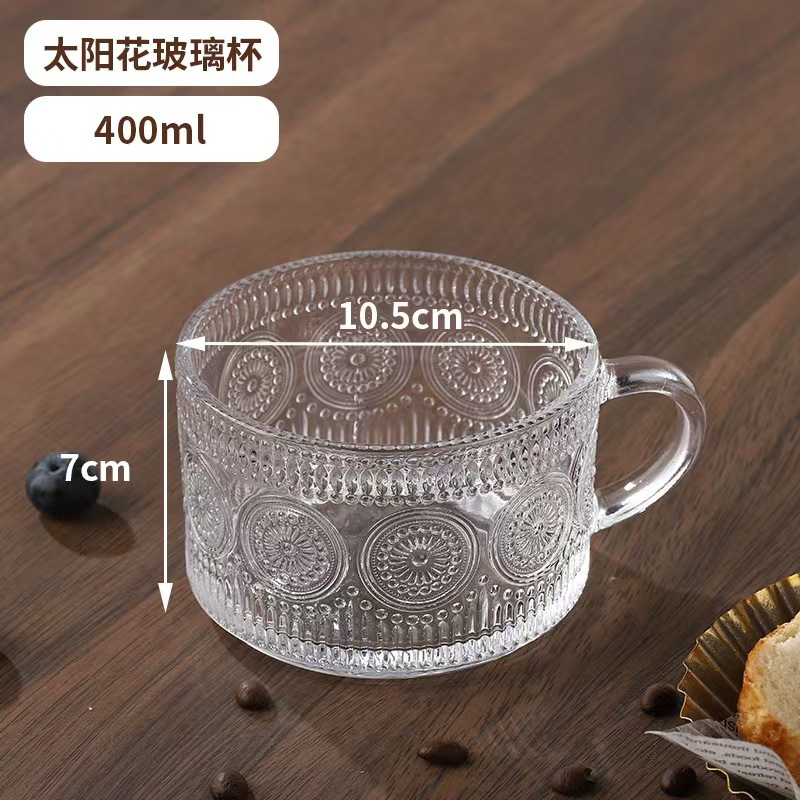 Taza de cristal de flores de sol retro red taza de agua en relieve de alto valor de la cara taza de café taza de leche de avena con mango taza de agua