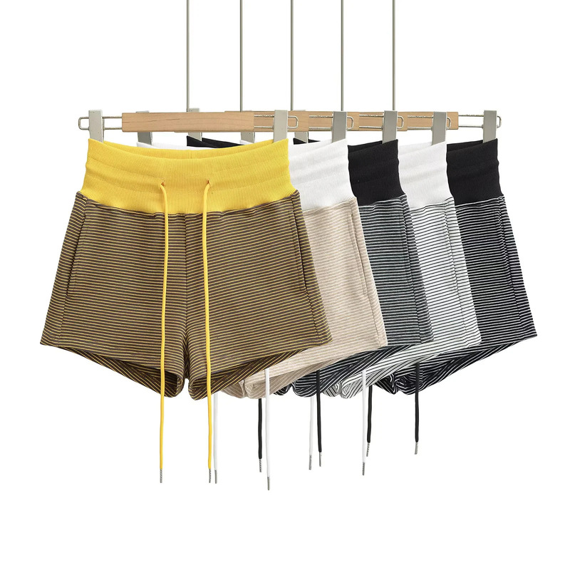 American Hot Girl Elastic Waist Striped Sports Casual Shorts Women's Summer New High Waist Drawstring Tight Elastic Hot Pants