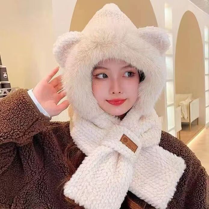 冬のかわいいキツネ耳ぬいぐるみ耳保護帽子、ネックスカーフ、オールインワン暖かい帽子、多用途の顔見せの小さな秋冬帽子|undefined