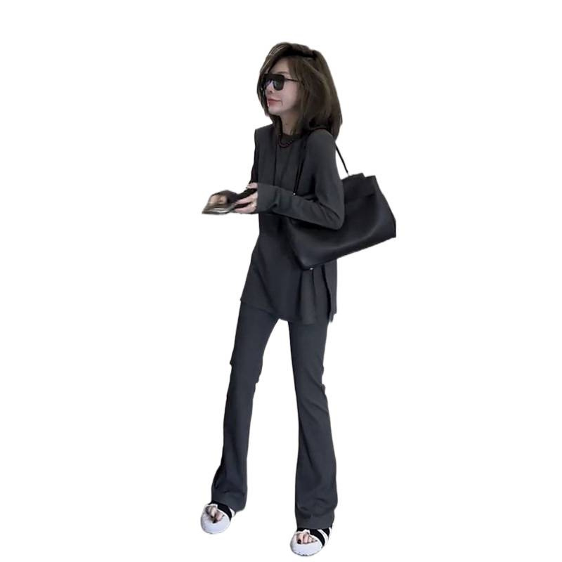 高级感欧货时尚套装女2025夏季新款开叉下摆套头上衣微喇裤两件套|undefined