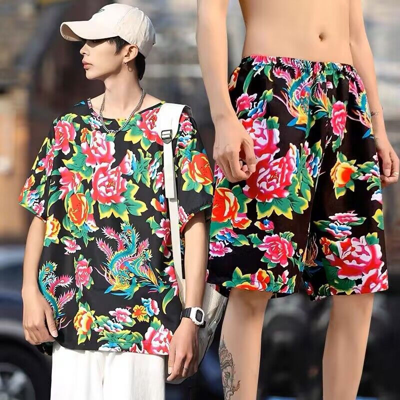 Northeast floral print pajamas, short-sleeved shirts, ethnic costumes, funny national style, Northeast Errenzhuan (a type of folk opera), quirky and street-style.