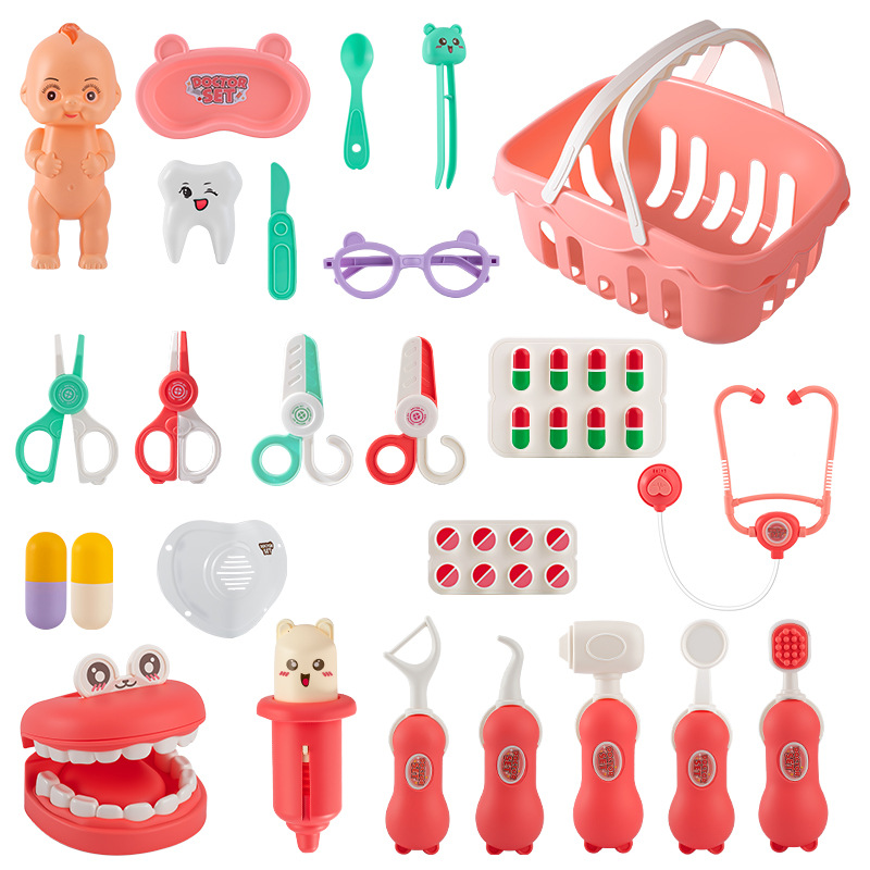 Un conjunto de juguetes para niños pequeños médicos, niños y niñas, juguetes dentales para bebés jugando con estetoscopio en casa