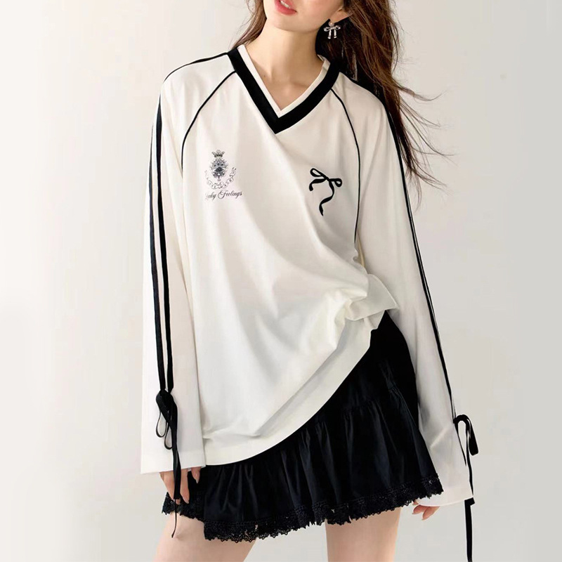 European and American Cross-Border Sweet Style Loose Patterned Printed V-Neck Tie-Up Long-Sleeve Sweatshirt Pg6934