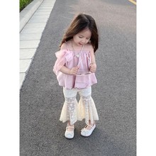 女童夏款蝴蝶结吊带上衣2024新款韩版女宝宝洋气蕾丝喇叭裤两件套