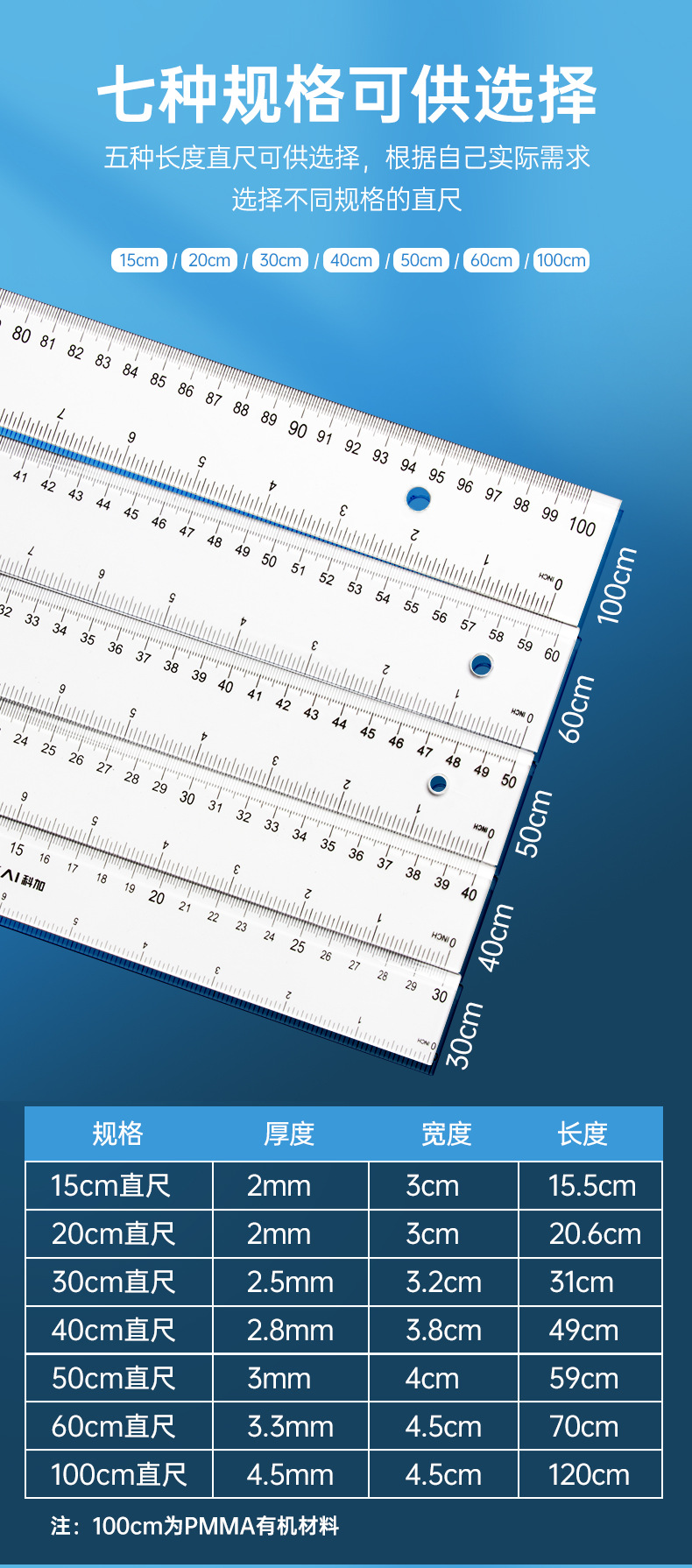 科加办公直尺30cm工程尺子绘图测量工具多规格小学生文具塑料格尺详情3
