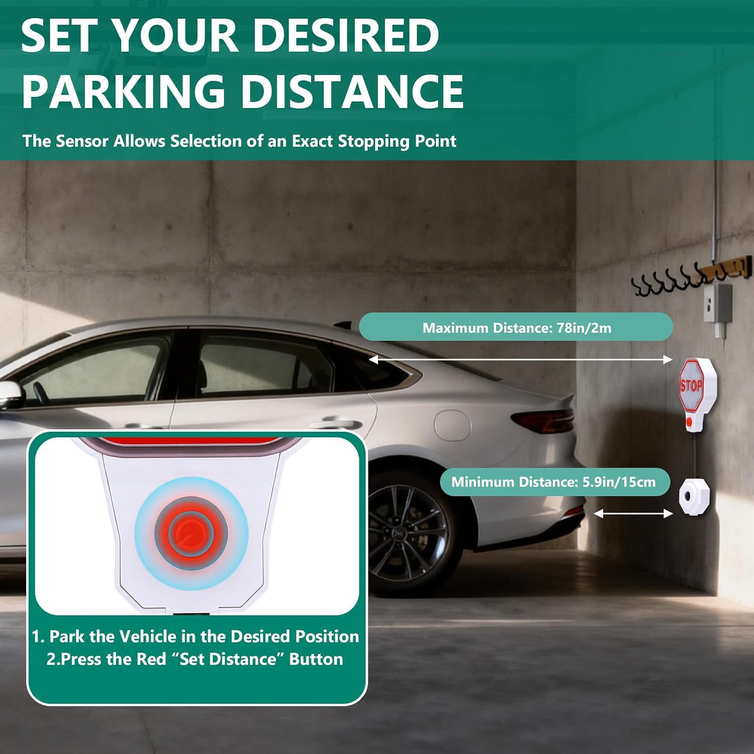 Adjustable garage parking sensor auxiliary device, with LED indicator light and dual-power rotary connector