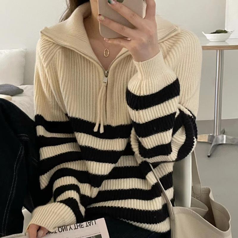 Striped half zipper Spring and Autumn New lapel sweater women's loose lazy style Korean casual temperament sweater top