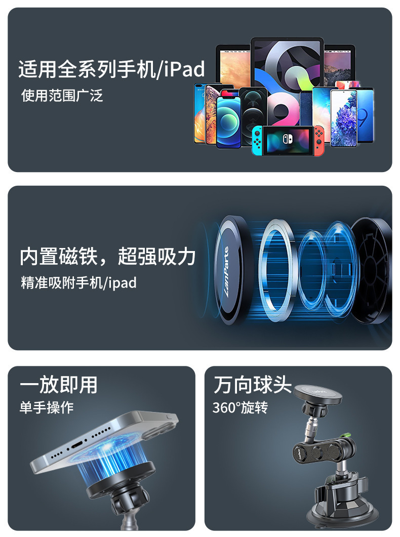 Lampart Car Magnetic Phone Holder for Dashboard, Suction Cup Type for Navigation and Photography