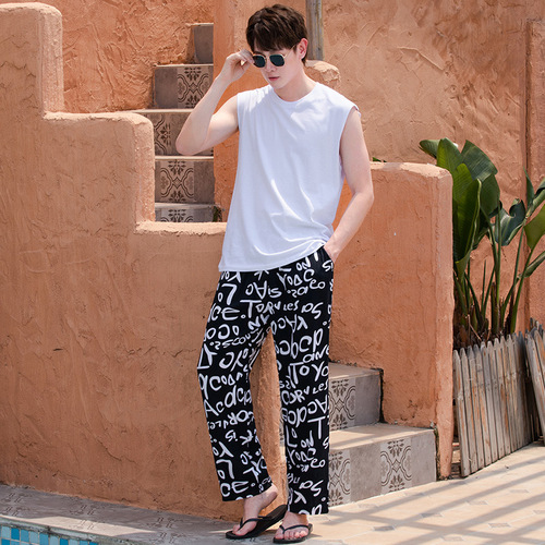 2025 New Men's Summer Beach Casual Slim Fit Home Sleep Pants Cotton Satin Pants for Middle-Aged and Younger Men