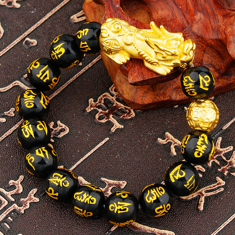 沙金网红直播貔貅手串男 仿黑曜石六字箴言手链 跨境配饰