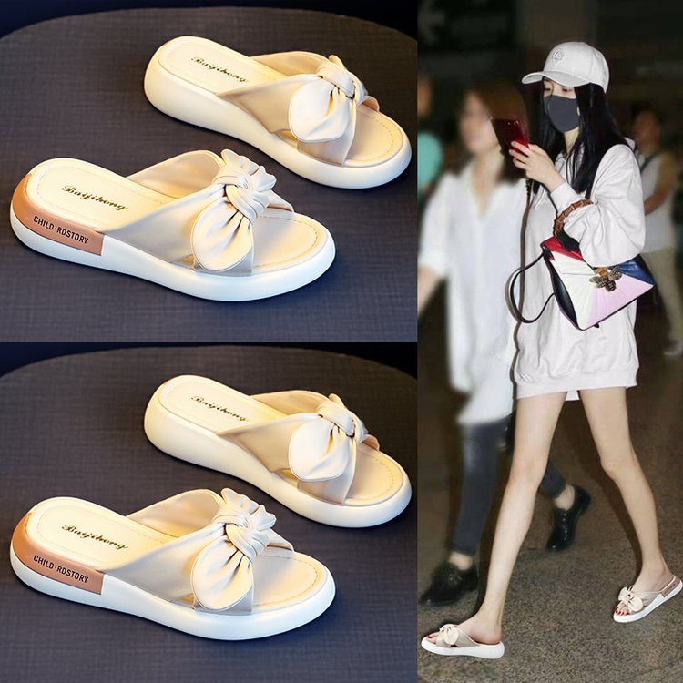 2013年新蝴蝶结厚底凉拖鞋女外穿夏一字拖露趾ladies slippers 女