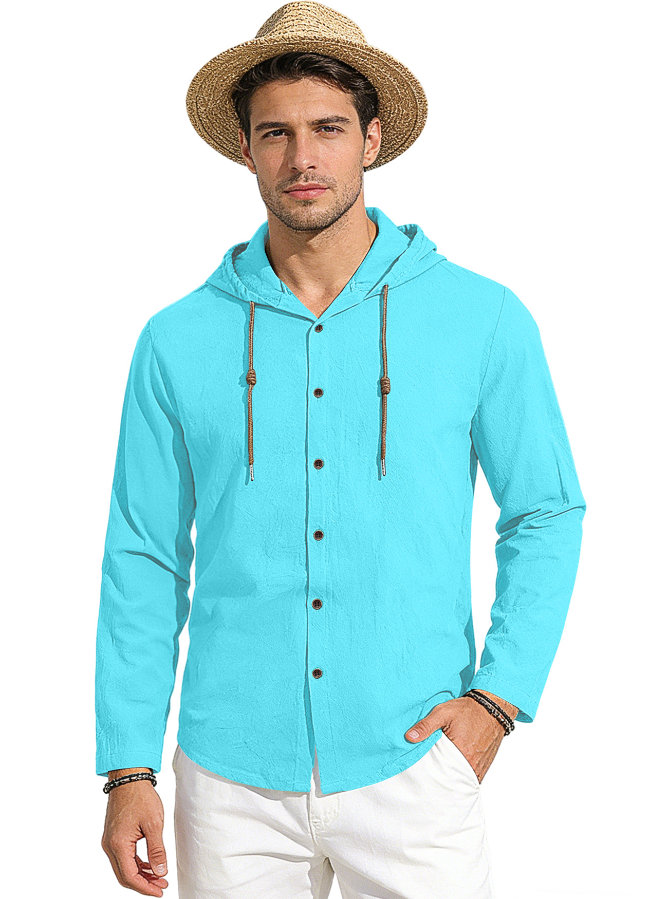 Transfronterizo Amazon nuevo estilo de primavera y verano hombre encapuchado camiseta suelta de algodón puro transpirable camisa casual de manga larga