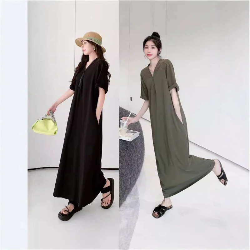 Plus Size Vintage Hepburn Style Long Dress with Zipper for Women, Summer Versatile V-Neck Loose-Fitting Slimming Dress That Hides the Belly Plus Size Vintage Hepburn Style Long Dress with Zipper for Women, Summer Versatile V-Neck Loose-Fitting Slimming Dress That Hides the Belly