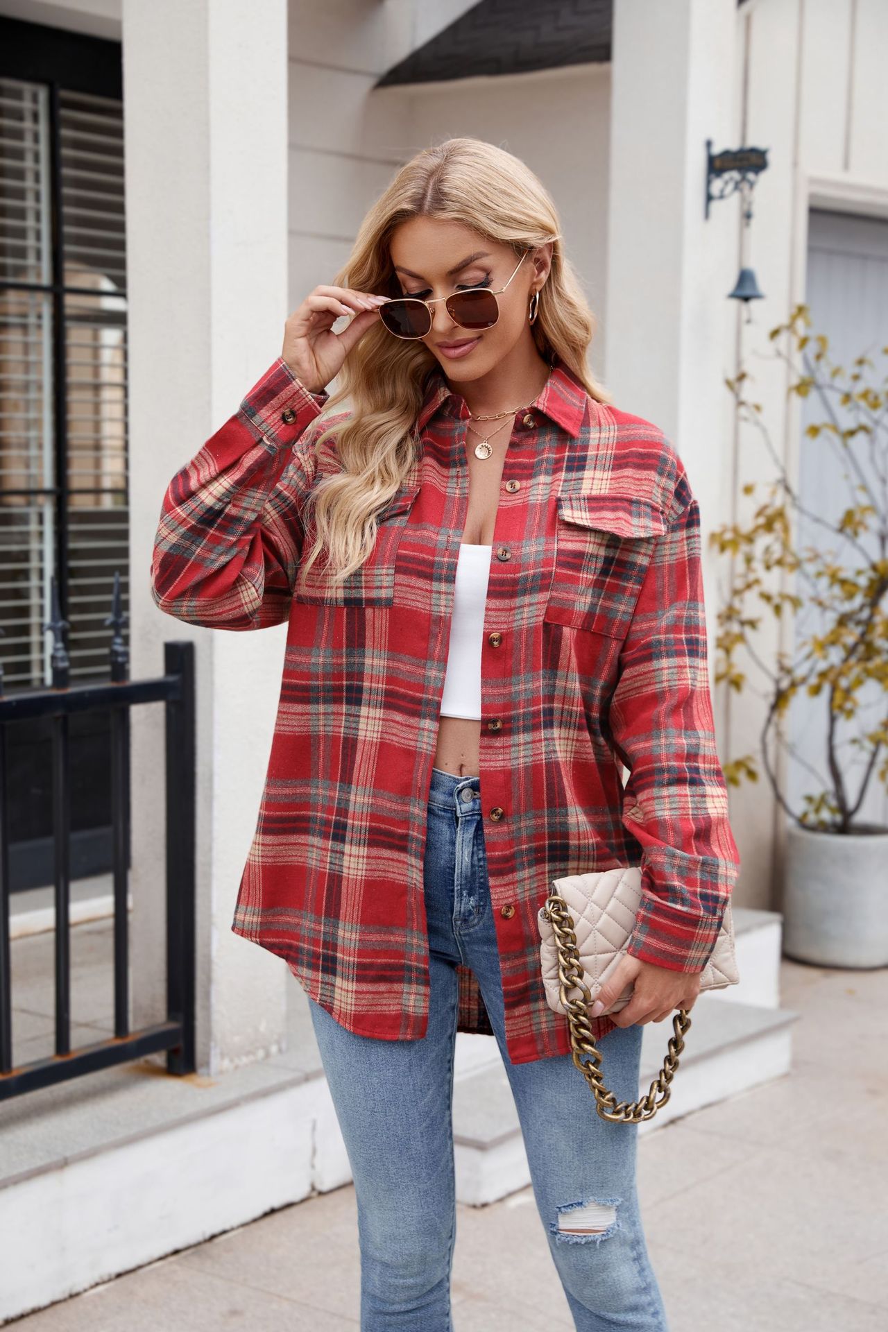 Lässiges Karohemd Für Damen Mit Taschen Für Herbst Und Winter_voghion.com