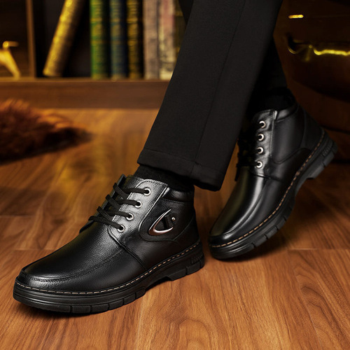 Winter Fleece Lined Thick Men's Cotton Shoes Casual High Top Wool Warm Snow Boots Slip-Resistant Soft Leather Shoes