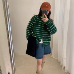 韩系风简约条纹拼接撞色毛衣女秋冬款通勤百搭设计感长袖针织开衫