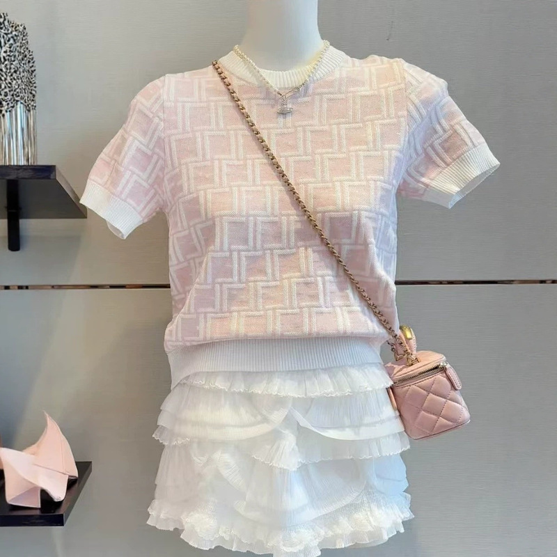 Nanyou high-quality new classic pattern color-blocked collar knitted round-neck short-sleeve summer top T-shirt knitwear