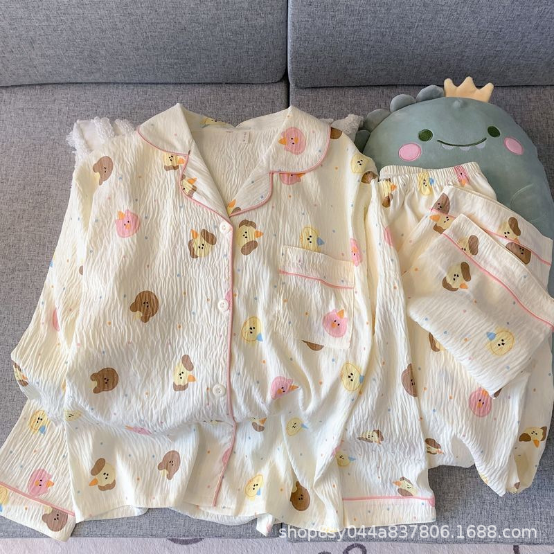Dolce niña encantadora caricatura perro impresión pijama mujer primavera y otoño nuevo suelto pantalones largos de mangas largas set de ropa para el hogar