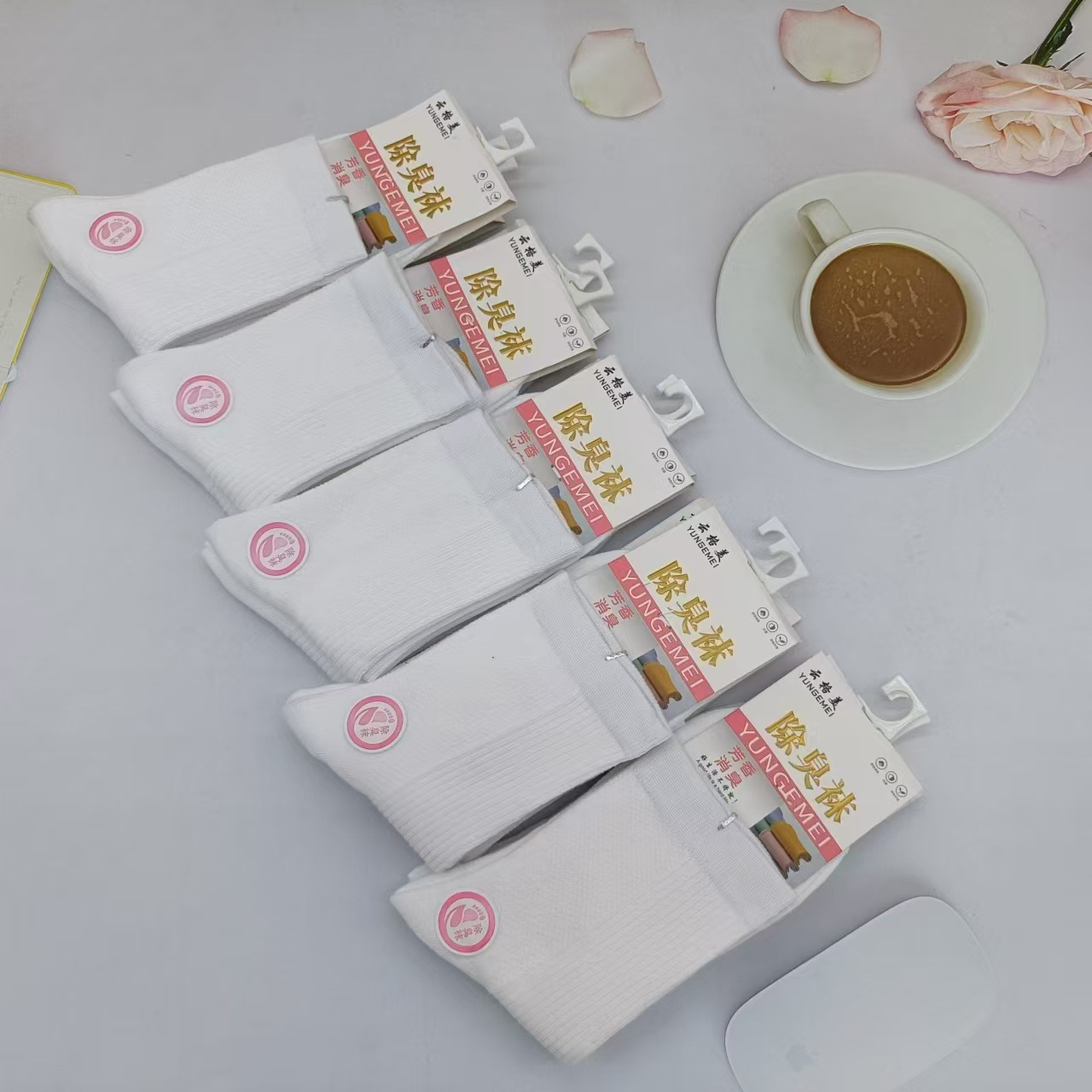 윤게메이 여성용 더블 니들 양말 화이트