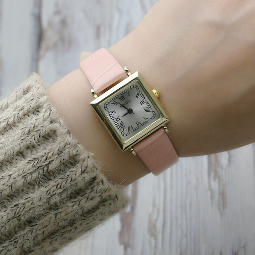 Square Japanese and Korean Roman scale women's watch gold case girls' exam watch fashion quartz watch ladies belt watch