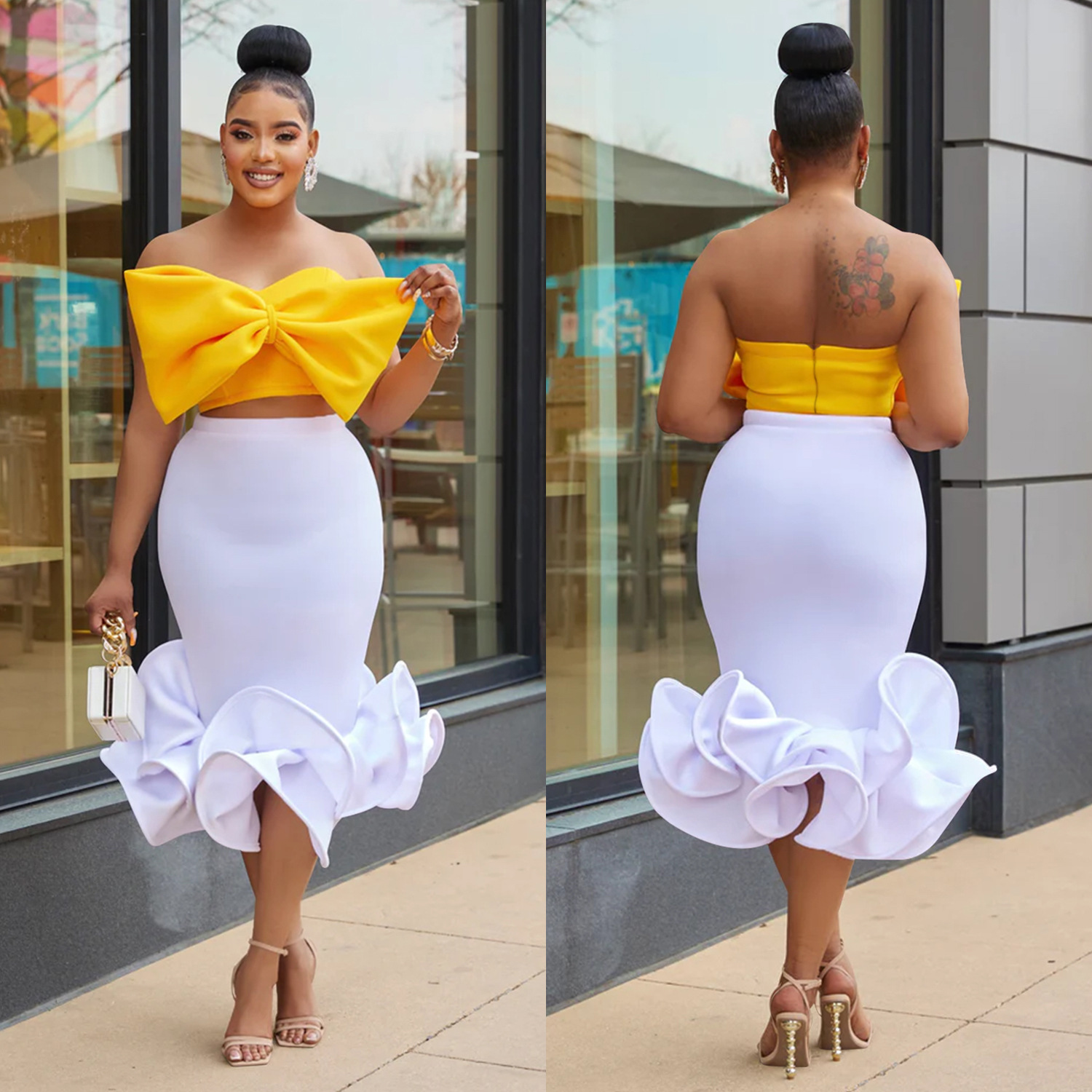 C6397 transfronteriza AliExpress amazon moda europea y americana de las mujeres sin mangas tubo superior arco cadera falda conjunto de dos piezas