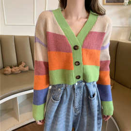 外搭V领拼色毛衣短款开衫外套针织衫春秋女装上衣长袖百搭t恤