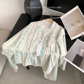 KALUANNIAO巴洛克花园bra睡衣女长袖长裤带杯垫休闲家居服套装秋