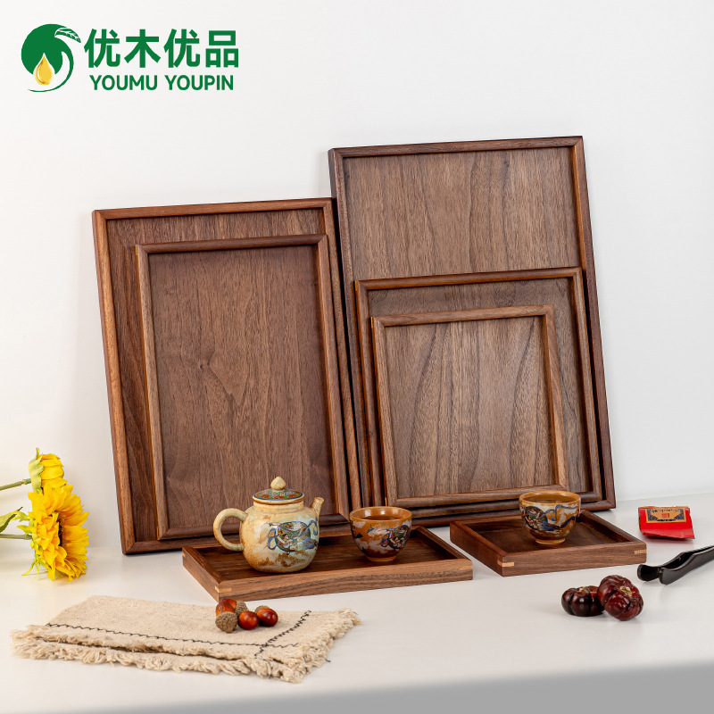 Factory direct black walnut wood rectangular plate tableware fruit snacks plate hotel square tea tray wooden tray Factory direct black walnut wood rectangular plate tableware fruit snacks plate hotel square tea tray wooden tray