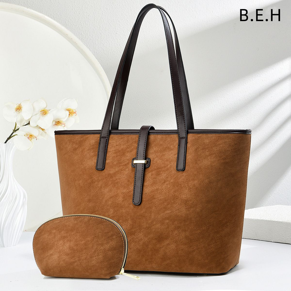 Bolso Tote de Hombro Set de 2 Piezas de PU con Cremallera para Uso Diario