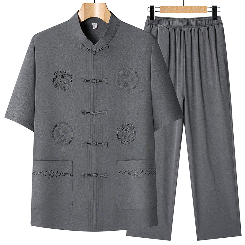 Summer men's short-sleeved shirt, Chinese style Tang suit, two-piece set for middle-aged and elderly men, grandfather's clothes