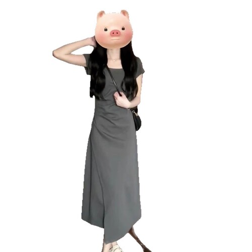 Women's Summer 2025 New Gray Fitted Small Waist Collar Plication Dress, French A-Line Long Skirt