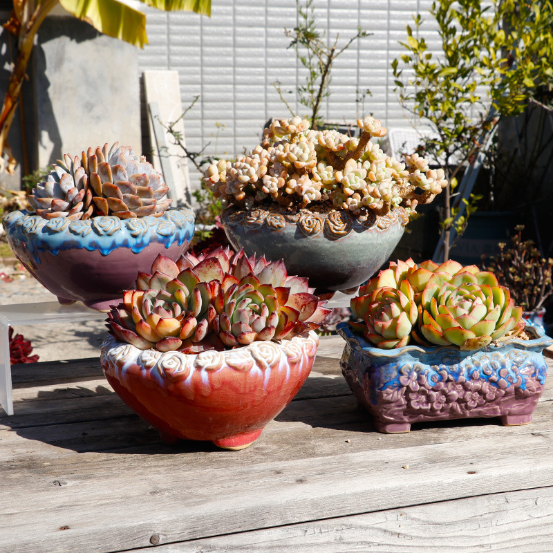 Vintage Glazed Rutilated Marble Succulent Flower Pot, Large Diameter Cluster Pot, Coarse Pottery Breathable Old Stump Pot, Retro Ceramic Pot for Succulents