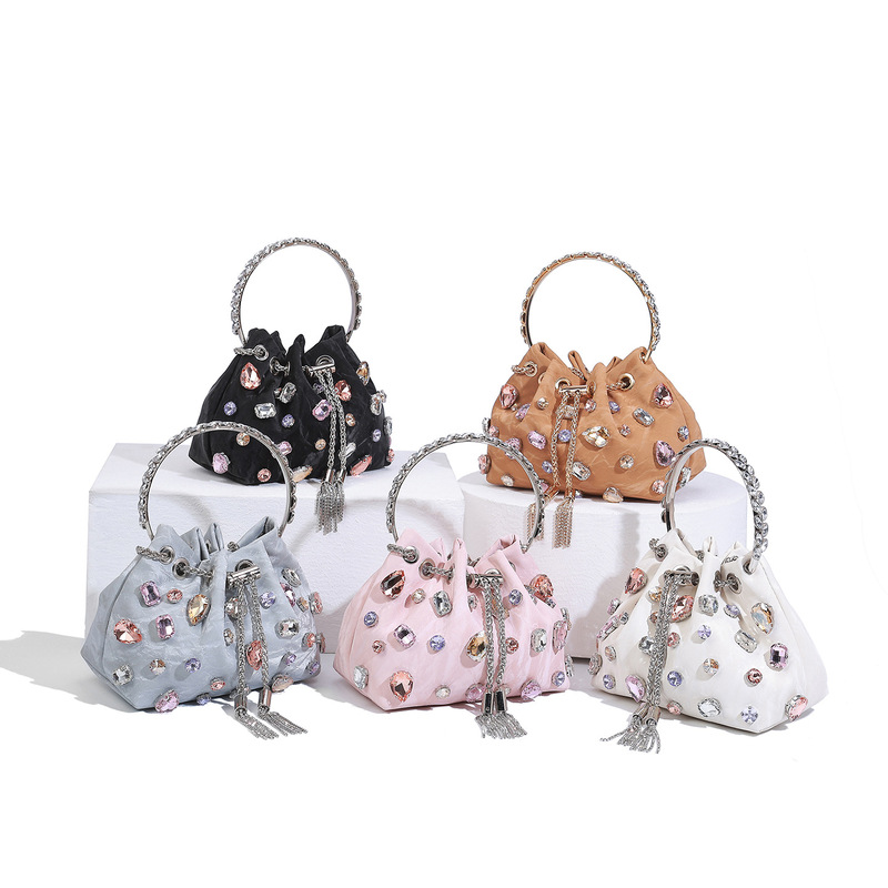 Fashionable Tassel Bucket Bag 2026 New Trendy Textured Pearl Handbag with Rhinestones, Light Luxury Versatile Shoulder and Handbag Fashionable Tassel Bucket Bag 2026 New Trendy Textured Pearl Handbag with Rhinestones, Light Luxury Versatile Shoulder and Handbag