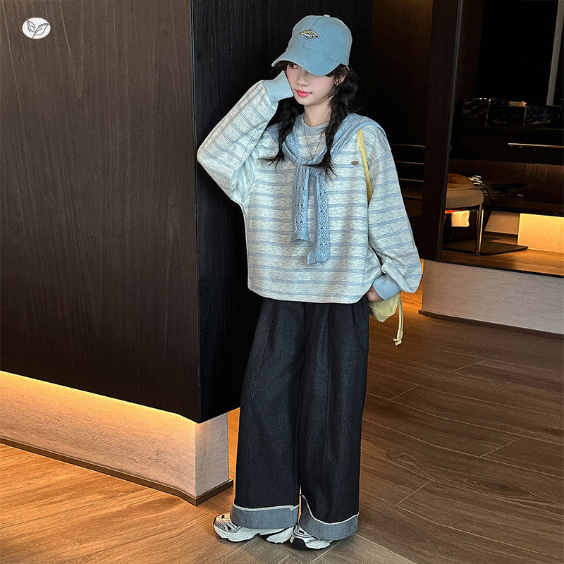 女童春秋套装2025年新款中大童披肩条纹上衣阔腿裤两件套打底衫潮|undefined
