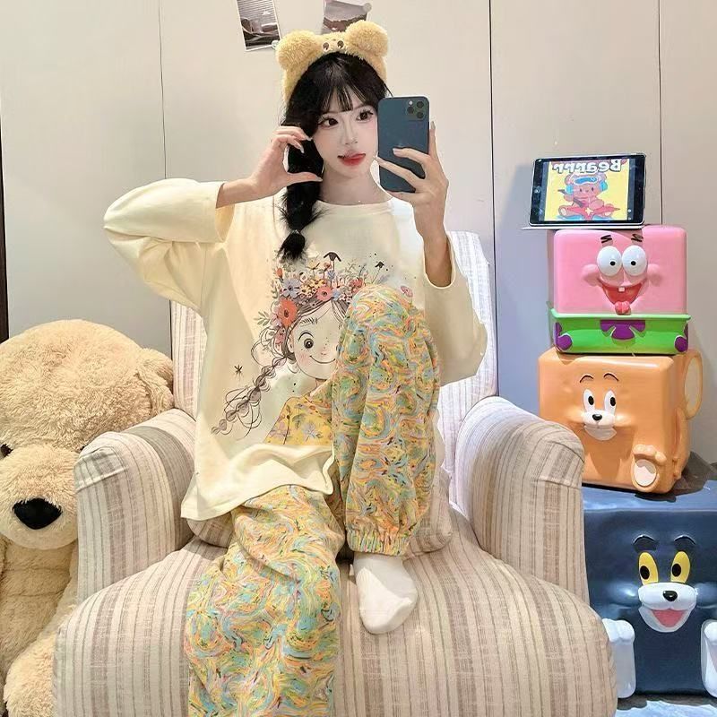 Pijamas al por mayor transfronterizos de primavera y otoño nuevos pantalones de manga larga estudiantes dibujos animados lindos y sueltos set de ropa de hogar