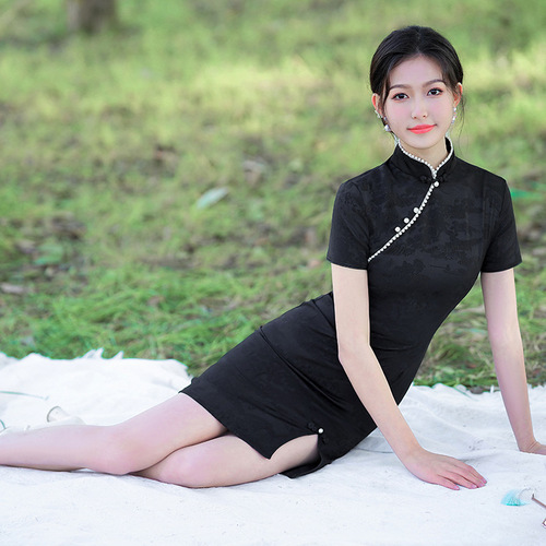 Girls female black elastic jacquard qipao model show photos retro chinese dress miss etiquette cheongsam dress sleeve dresses for women