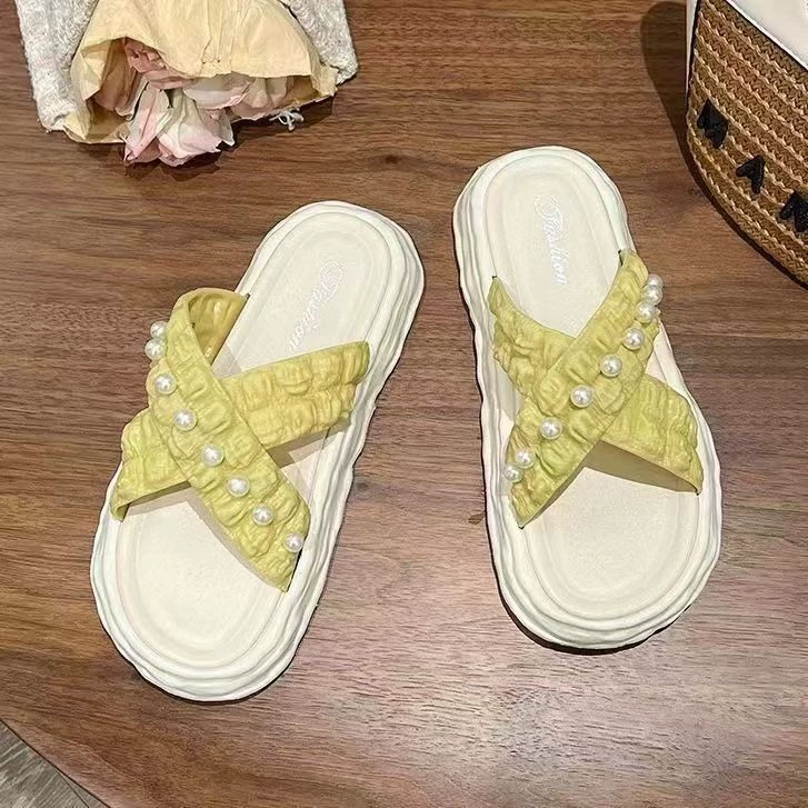 Platform sandals, PVC thick sole with pearl detail, beach slip-on for women