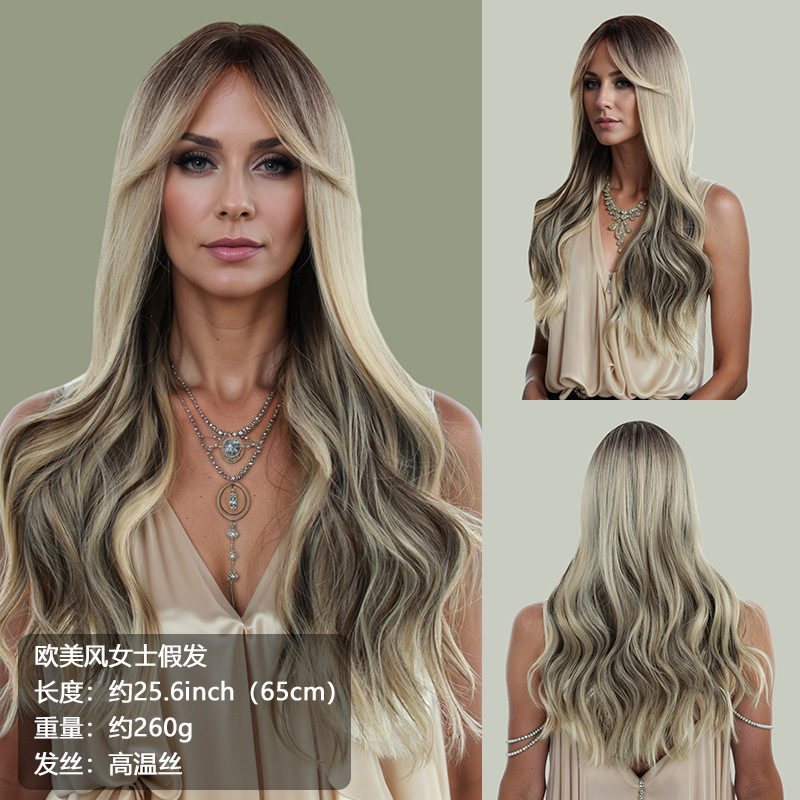 European and American Export Wig Full Headgear for Women with Big Waves, Medium Parted Long Bangs, Long Curly Hair Gradient Synthetic Wig Set Wigs European and American Export Wig Full Headgear for Women with Big Waves, Medium Parted Long Bangs, Long Curly Hair Gradient Synthetic Wig Set Wigs