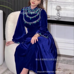 Saudi Arabia Abaya Robe Velvet Zipper Green Drop Diamond Middle East dress Muslim
