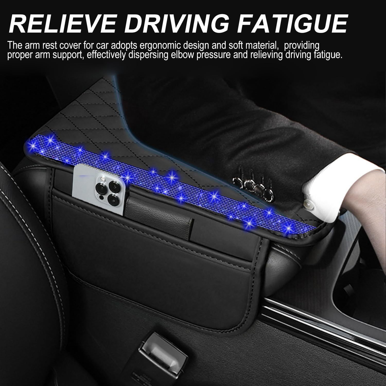 Car Shiny Crystal Armrest Box Mat Center Console Cover Leather Cover Pad Storage Bag Universal Protective Pad Arm Storage